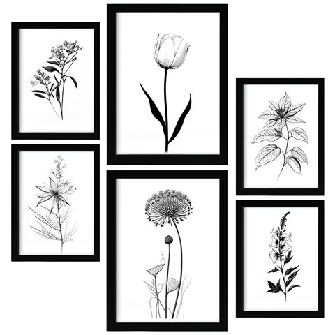 Set Di 6 Stampe Stampe Di Piccoli Fiori, Natura E Botanica Con Motivi Floreali In Un Classico Design D'interni In Bianco E Nero A3 & A4 Senza Cornice - Foto 1