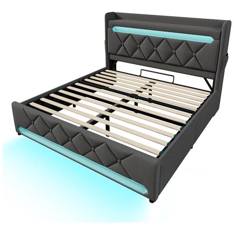 Letto In Lino Grigio Con Led A 360°, Ricarica Usb E Stoccaggio - Foto 2