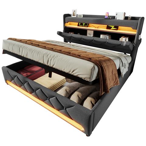 Letto In Lino Grigio Con Led A 360°, Ricarica Usb E Stoccaggio - Foto 1