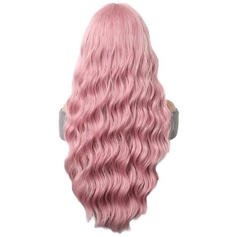 Parrucca Lunga Ondulata Rosa Con Frangia - Capelli Sintetici Termoresistenti Per Uso Quotidiano E Feste - Foto 2