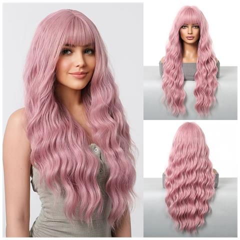 Parrucca Lunga Ondulata Rosa Con Frangia - Capelli Sintetici Termoresistenti Per Uso Quotidiano E Feste - Foto 6