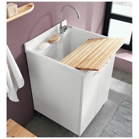 Mobile Lavatoio   Prima 2 Ante, Cesto E Asse Pino, Profondità 50 Cm - 60 Cm Bianco A Magazzino - Foto 2