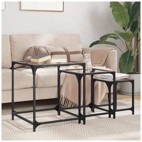 Tavolini Impilabili 3pz Con Piano Vetro Trasparente In Acciaio - Foto 1