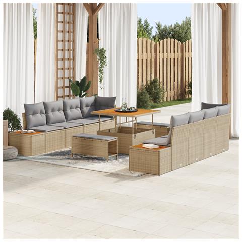 Set di Divani per Giardino da 11 Pezzi con Cuscini Beige Polyrattan Acacia, Set da Pranzo per Giardino da 3 Pezzi con Cuscini Beige Polyrattan Acacia - Foto 2