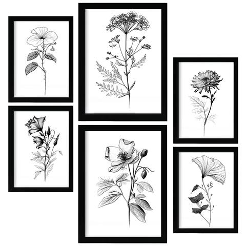 Set Di 6 Stampe Fiori In Fiore, Stampe Naturalistiche E Botaniche Con Motivi Floreali Nel Classico Design D'interni In Bianco E Nero A3 & A4 Senza Cornice - Foto 1