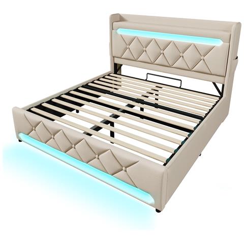 Letto In Lino Beige Con Led A 360°, Testiera Usb E Tasche Laterali - Foto 2
