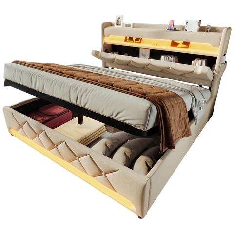 Letto In Lino Beige Con Led A 360°, Testiera Usb E Tasche Laterali - Foto 1