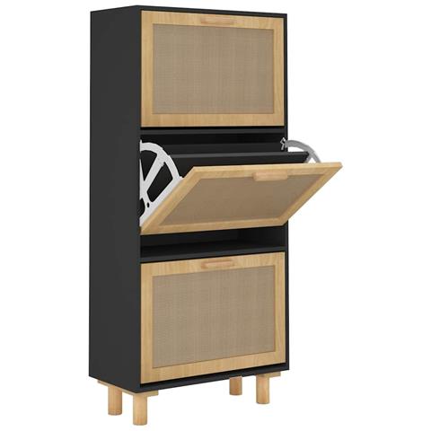 Scarpiera Nero 52x25x115cm Legno Multistrato e Rattan Naturale - Foto 1
