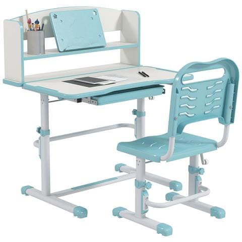 Set Scrivania Per Bambini Con Sedia Regolabile In Altezza E Piano Inclinabile, Età 6-12 Anni, Blu - Foto 1