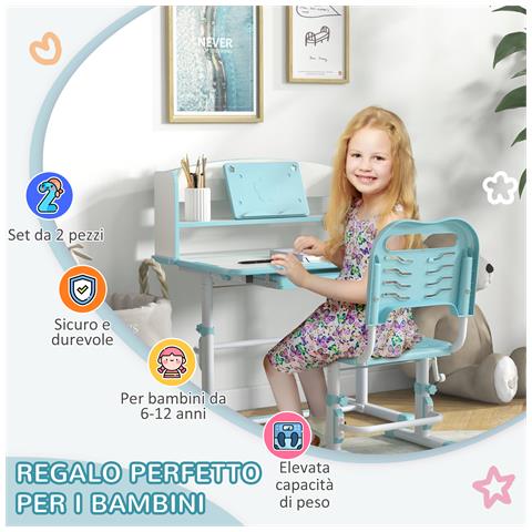Set Scrivania Per Bambini Con Sedia Regolabile In Altezza E Piano Inclinabile, Età 6-12 Anni, Blu - Foto 2