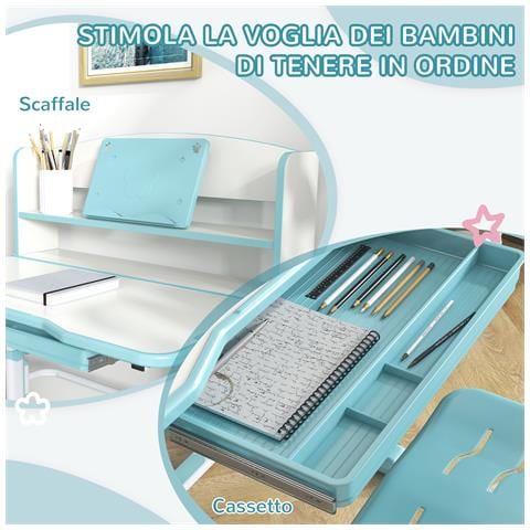 Set Scrivania Per Bambini Con Sedia Regolabile In Altezza E Piano Inclinabile, Età 6-12 Anni, Blu - Foto 6