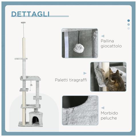 Albero Tiragraffi per Gatti a Soffitto con Piattaforme e Casetta, 60x40x225-255cm, Grigio - Foto 2