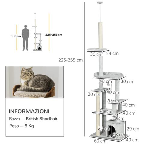 Albero Tiragraffi per Gatti a Soffitto con Piattaforme e Casetta, 60x40x225-255cm, Grigio - Foto 6