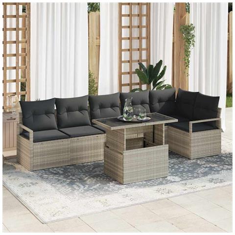 Set di Divani per Giardino da 7 Pezzi con Cuscini Grigio Chiaro in Rattan, Divano da Giardino a 2 Posti con Stoccaggio e Cuscini Grigio Rattan - Foto 2