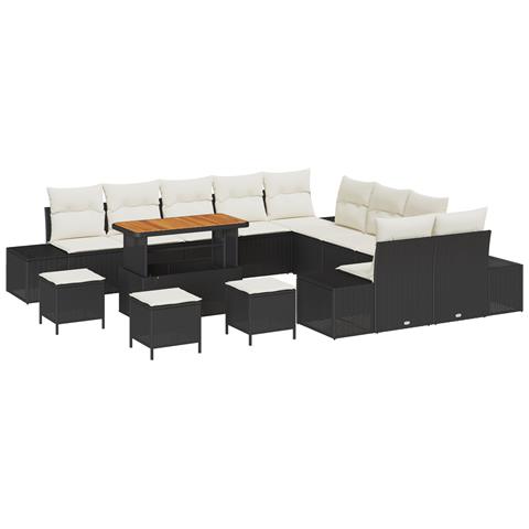 Set Divano da Giardino  da 14 Pezzi con Cuscini Nero Polyrattan Acacia, Divano da Giardino  2 Posti con Cuscini Nero Polyrattan, Set da Pranzo Giardino 4 Pezzi con Cuscini Nero Polyrattan Acacia - Foto 1