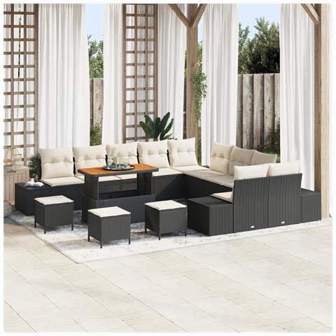 Set Divano da Giardino  da 14 Pezzi con Cuscini Nero Polyrattan Acacia, Divano da Giardino  2 Posti con Cuscini Nero Polyrattan, Set da Pranzo Giardino 4 Pezzi con Cuscini Nero Polyrattan Acacia - Foto 2