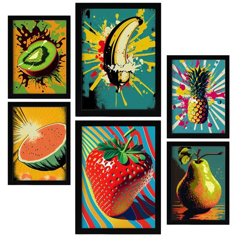 Set Di 6 Stampe Poster Estivi A Colori Di Frutta, Verdura E Cibo Sano In Stile Urban Art Interior Design A3 & A4 Senza Cornice - Foto 1