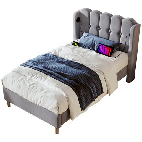 Letto Singolo In Lino Grigio Con Design Contemporaneo E Schienale Imbottito - Foto 1