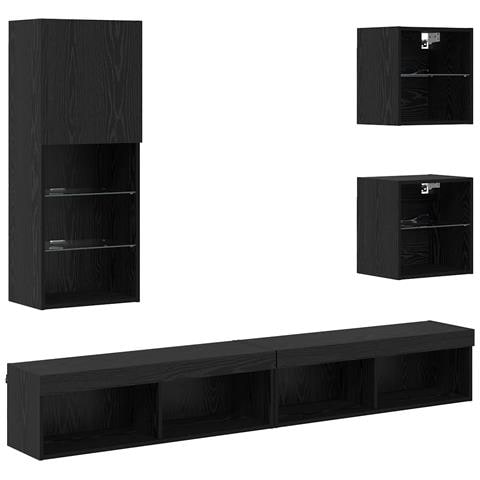 Unità a muro per TV con LED 5 pcs Rovere Nero Legno multistrato - Foto 1