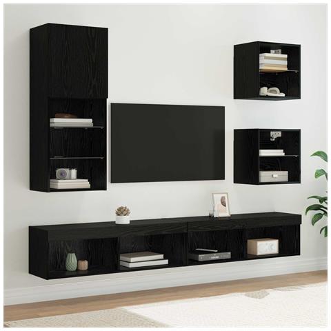 Unità a muro per TV con LED 5 pcs Rovere Nero Legno multistrato - Foto 2