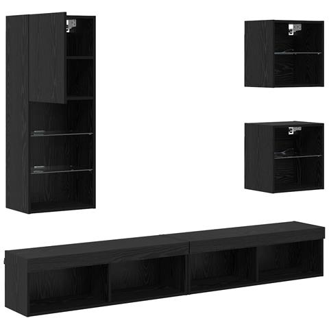 Unità a muro per TV con LED 5 pcs Rovere Nero Legno multistrato - Foto 9