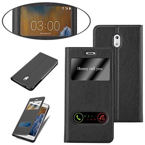 Custodia Compatibile Con Nokia 3 2017 In Nero Cometa - Coperchio Protettivo Con Chiusura Magnetica, Funzione Stand E 2 Finestre Di Visualizzazione - Foto 2