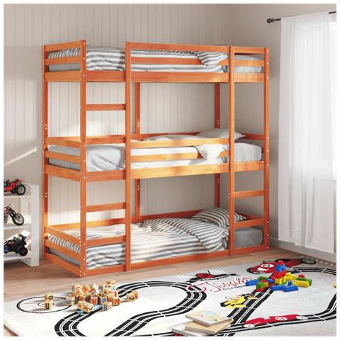 VIDAXL Letto Castello Triplo Marrone Cera 90x200cm Legno Massello Pino