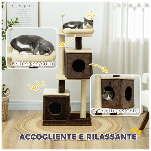 Albero Tiragraffi per Gatti con 2 Casette, Lettino, Piattaforme di Salto e Pallina, in Legno, 55x48x107 cm - Foto 2