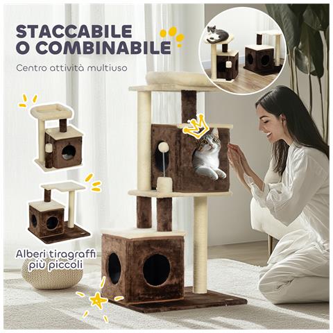 Albero Tiragraffi per Gatti con 2 Casette, Lettino, Piattaforme di Salto e Pallina, in Legno, 55x48x107 cm - Foto 6