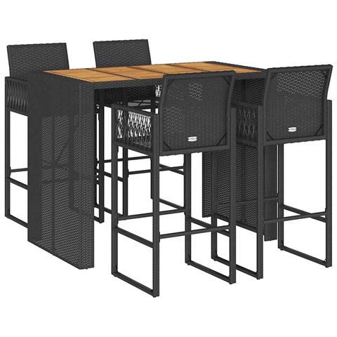 Set Bar Da Giardino 5pz Senza Cuscini Nero In Polyrattan Acacia - Foto 2