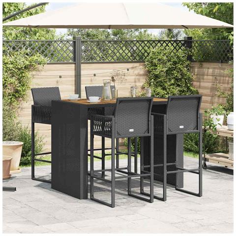 Set Bar Da Giardino 5pz Senza Cuscini Nero In Polyrattan Acacia - Foto 3