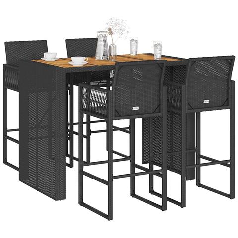 Set Bar Da Giardino 5pz Senza Cuscini Nero In Polyrattan Acacia - Foto 1