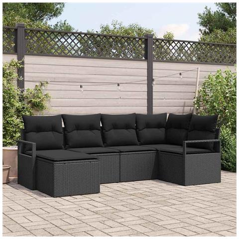 Set di divani da giardino a 6 pezzi con cuscini in rattan poli nero,  Divano a 2 posti da giardino con cuscini in rattan poli nero - Foto 2