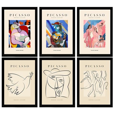 Set Di 6 Stampe Künstlerischen Illustrationen Von Pablo Picasso Skizzen Sammlung Von Dekorationsgemälden Im Kunstgalerie Stil A3 Cornice Nera - Foto 1