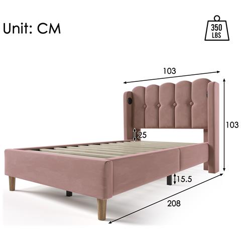 Letto Singolo In Velluto Rosa Con Design Di Tendenza E Ricarica Usb - Foto 3