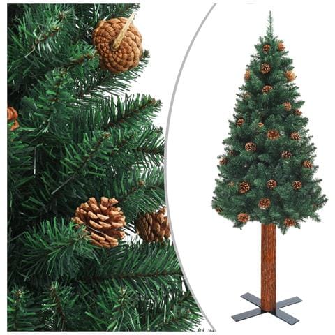 Albero di Natale Sottile con Legno Vero e Pigne Verde 150cm PVC - Foto 2