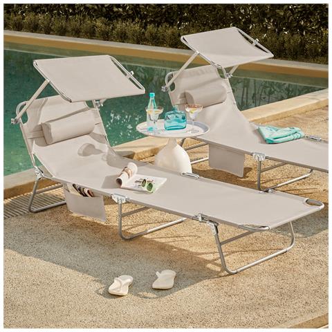 2 X Lettino Prendisole Pieghevole Cuscino E Tettuccio Regolabile 4 Angoli Di Reclinazione Con Organizer Beige, Ogs48-mix2 - Foto 8