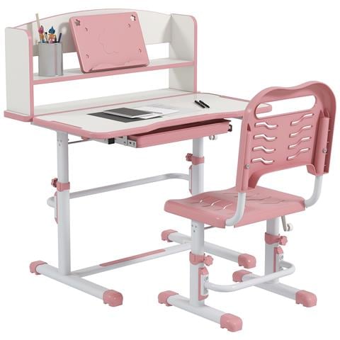 Set Scrivania Per Bambini Con Sedia Regolabile In Altezza E Piano Inclinabile, Età 6-12 Anni, Rosa - Foto 1