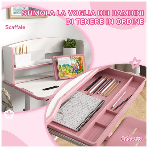 Set Scrivania Per Bambini Con Sedia Regolabile In Altezza E Piano Inclinabile, Età 6-12 Anni, Rosa - Foto 6