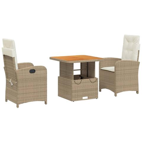 Set Da Pranzo Da Giardino 3 Pz Con Cuscini Beige In Polyrattan - Foto 2