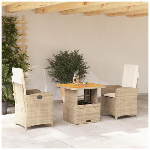 Set Da Pranzo Da Giardino 3 Pz Con Cuscini Beige In Polyrattan - Foto 1