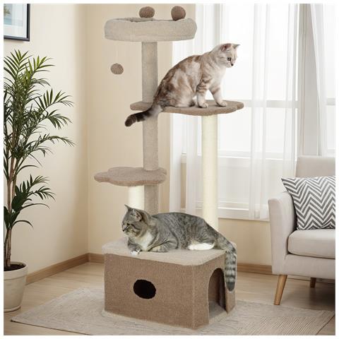 Albero Tiragraffi per Gatti con Lettino, Casetta e Piattaforme, in Legno e Cashmere, 48x40x133 cm, Marrone - Foto 2