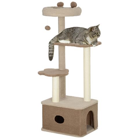 Albero Tiragraffi per Gatti con Lettino, Casetta e Piattaforme, in Legno e Cashmere, 48x40x133 cm, Marrone - Foto 1