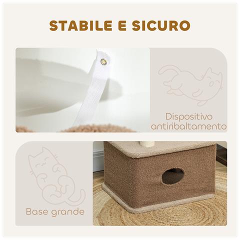 Albero Tiragraffi per Gatti con Lettino, Casetta e Piattaforme, in Legno e Cashmere, 48x40x133 cm, Marrone - Foto 6
