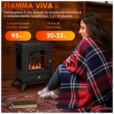 Camino Bioetanolo Stile Classico in Acciaio, Bruciatore da 1.2L per 3 Ore di Durata, 45x28x54cm, Nero - Foto 5