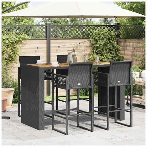 Set Bar Da Giardino 5pz Senza Cuscini Nero In Polyrattan Acacia - Foto 3