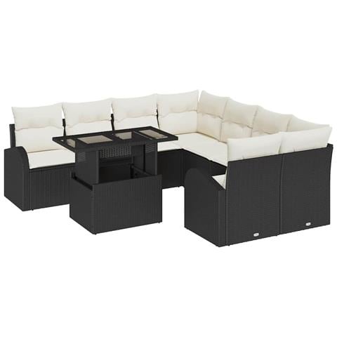 Set di divani da giardino  da 9 pezzi con cuscini in polirattan nero, Divano da giardino  per 2 persone con stoccaggio e cuscini in polirattan nero - Foto 1