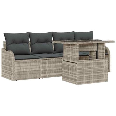 Set divani giardino  5 pezzi con cuscini grigio chiaro in polyrattan, Divano giardino  2 posti con cuscini grigio chiaro in polyrattan - Foto 1