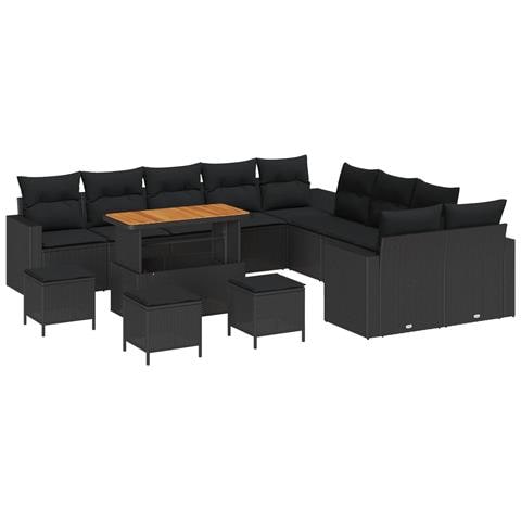 Set Divano da Giardino da 14 Pezzi con Cuscini Nero Polyrattan Acacia, Set da Pranzo da Giardino da 4 Pezzi con Cuscini Nero Polyrattan Acacia - Foto 1