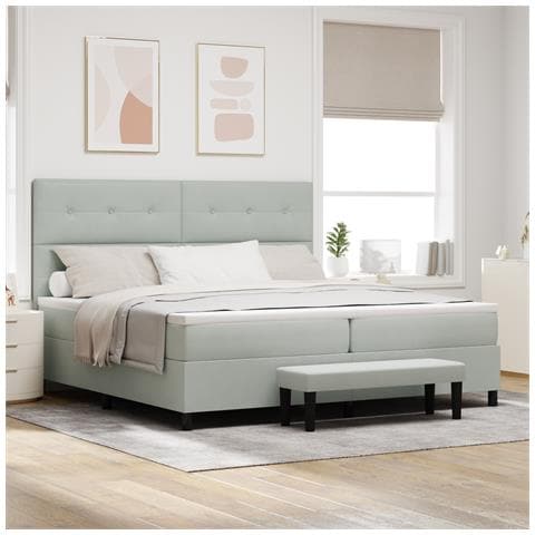 Letto con Rete a Molla e Materasso & Panca Grigio Chiaro 200x200 cm Velluto - Foto 2